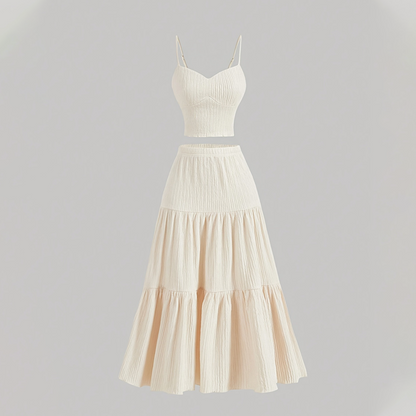 👗 50% RABATT!🌸 Högmidjad A-linje Kjol & Linne Set – 2-delat, Krinklat & Mångsidigt!