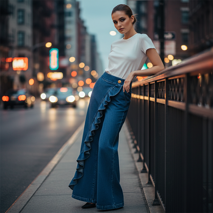 👖 50% RABATT! ⏳ Dam Asymmetriska Volangbyxor med Vida Ben i Denim – Unik Design, Bekväm Passform & Perfekt För En Trendig Look 💙