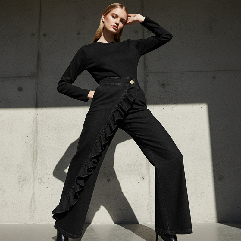 👖 50% RABATT! ⏳ Dam Asymmetriska Volangbyxor med Vida Ben i Denim – Unik Design, Bekväm Passform & Perfekt För En Trendig Look 💙