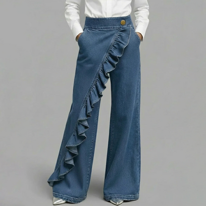 👖 50% RABATT! ⏳ Dam Asymmetriska Volangbyxor med Vida Ben i Denim – Unik Design, Bekväm Passform & Perfekt För En Trendig Look 💙