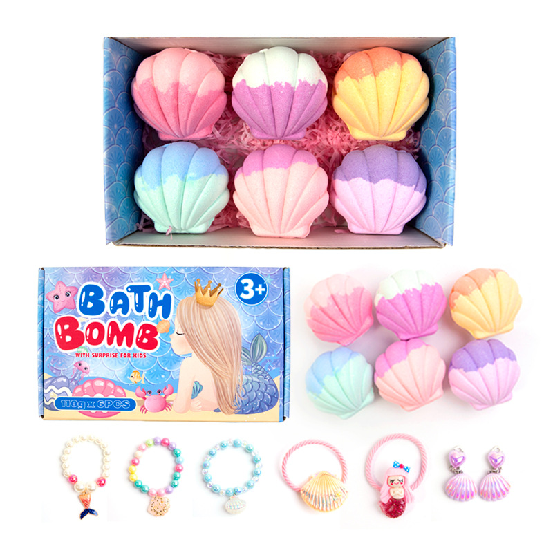 6 förpackningar Kids Shell Bath Bombs med överraskningssmycken inuti