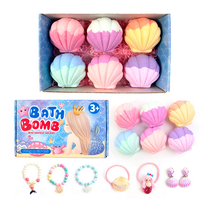 6 förpackningar Kids Shell Bath Bombs med överraskningssmycken inuti