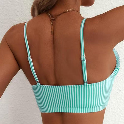 Rändad Ruffle Trim hög midja Bikini Set