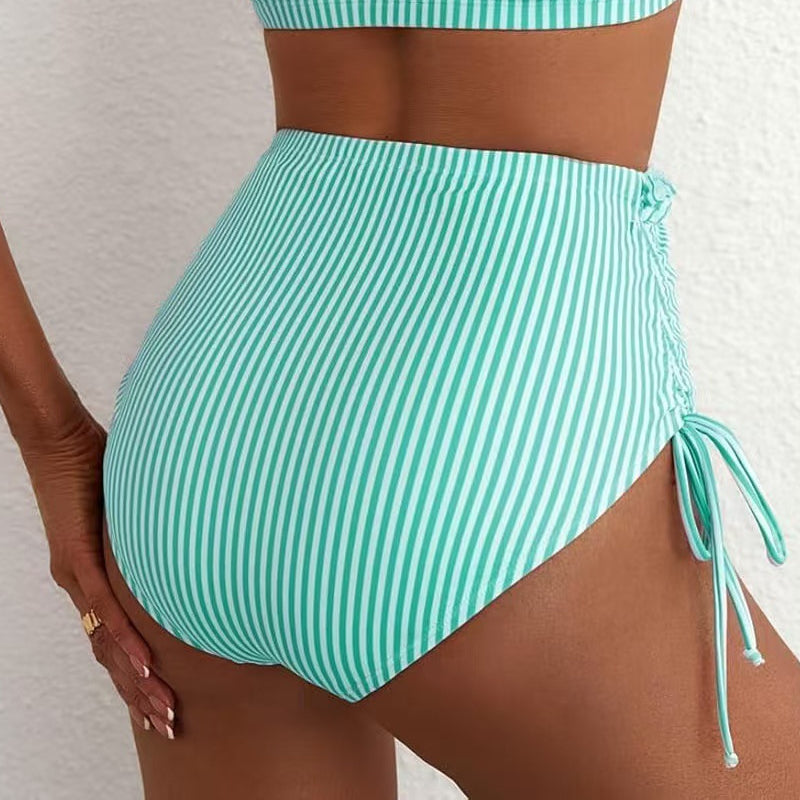 Rändad Ruffle Trim hög midja Bikini Set