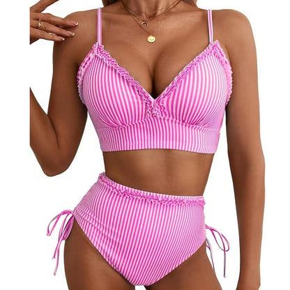 Rändad Ruffle Trim hög midja Bikini Set