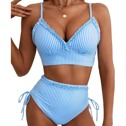 Rändad Ruffle Trim hög midja Bikini Set