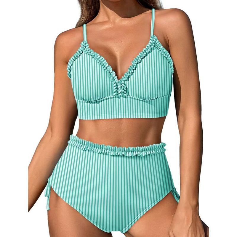 Rändad Ruffle Trim hög midja Bikini Set