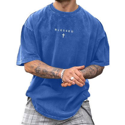 👕 50% RABATT NU! ⛪ Herr Cross & Letter Print Vintage T-Shirt – Mjuk Andningsbar Blandning, Avslappnad Drop Shoulder & Acid Wash Toner ✨