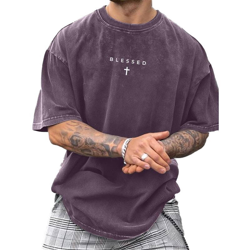 👕 50% RABATT NU! ⛪ Herr Cross & Letter Print Vintage T-Shirt – Mjuk Andningsbar Blandning, Avslappnad Drop Shoulder & Acid Wash Toner ✨