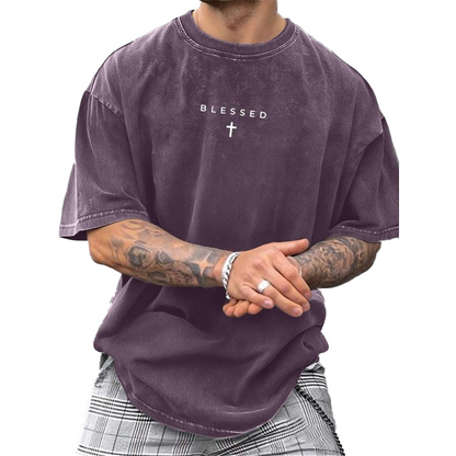 👕 50% RABATT NU! ⛪ Herr Cross & Letter Print Vintage T-Shirt – Mjuk Andningsbar Blandning, Avslappnad Drop Shoulder & Acid Wash Toner ✨