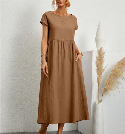 👗 60% RABATT NU! 🌸 Kvinnors Bomull-Linne Enfärgad Klänning med Fickor – Andningsbar, Smickrande Midja & Lättvikt – Perfekt För Vår & Sommar ☀️