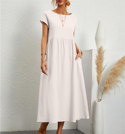 👗 60% RABATT NU! 🌸 Kvinnors Bomull-Linne Enfärgad Klänning med Fickor – Andningsbar, Smickrande Midja & Lättvikt – Perfekt För Vår & Sommar ☀️