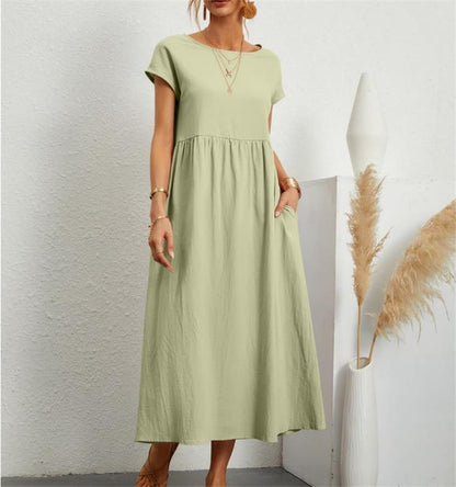 👗 60% RABATT NU! 🌸 Kvinnors Bomull-Linne Enfärgad Klänning med Fickor – Andningsbar, Smickrande Midja & Lättvikt – Perfekt För Vår & Sommar ☀️