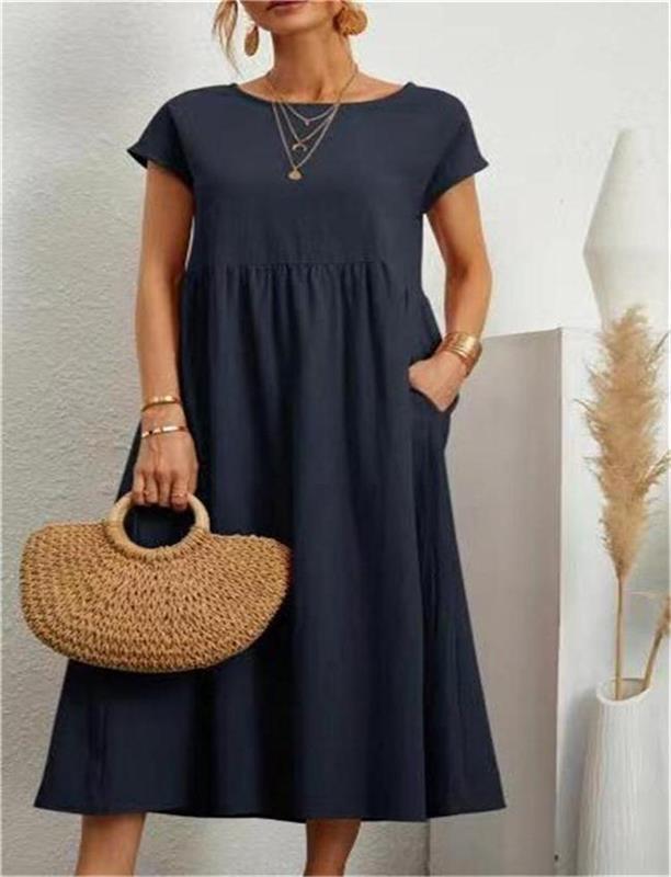 👗 60% RABATT NU! 🌸 Kvinnors Bomull-Linne Enfärgad Klänning med Fickor – Andningsbar, Smickrande Midja & Lättvikt – Perfekt För Vår & Sommar ☀️