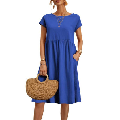 👗 60% RABATT NU! 🌸 Kvinnors Bomull-Linne Enfärgad Klänning med Fickor – Andningsbar, Smickrande Midja & Lättvikt – Perfekt För Vår & Sommar ☀️