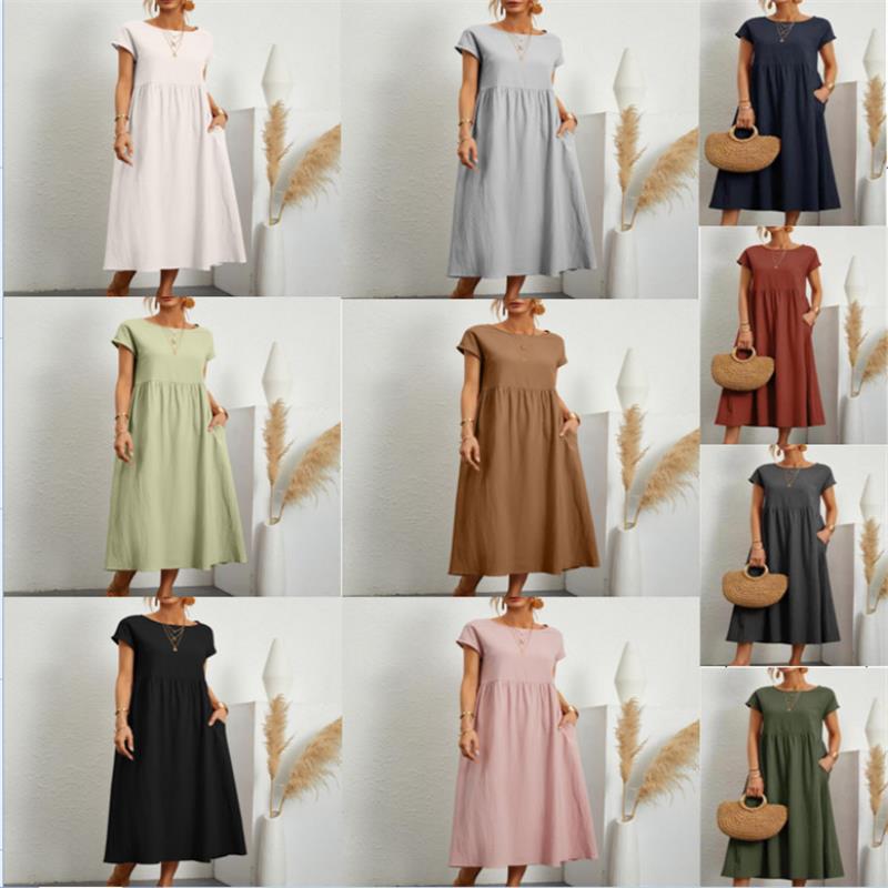 👗 60% RABATT NU! 🌸 Kvinnors Bomull-Linne Enfärgad Klänning med Fickor – Andningsbar, Smickrande Midja & Lättvikt – Perfekt För Vår & Sommar ☀️