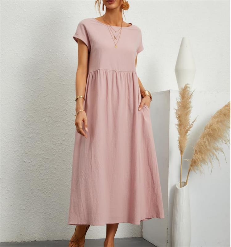 👗 60% RABATT NU! 🌸 Kvinnors Bomull-Linne Enfärgad Klänning med Fickor – Andningsbar, Smickrande Midja & Lättvikt – Perfekt För Vår & Sommar ☀️