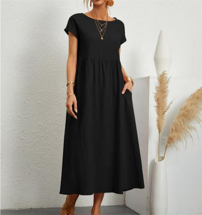 👗 60% RABATT NU! 🌸 Kvinnors Bomull-Linne Enfärgad Klänning med Fickor – Andningsbar, Smickrande Midja & Lättvikt – Perfekt För Vår & Sommar ☀️