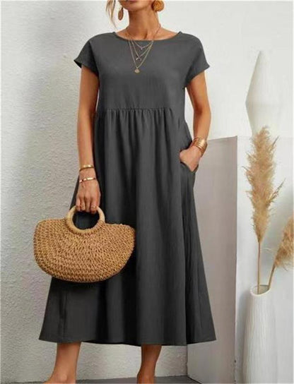 👗 60% RABATT NU! 🌸 Kvinnors Bomull-Linne Enfärgad Klänning med Fickor – Andningsbar, Smickrande Midja & Lättvikt – Perfekt För Vår & Sommar ☀️