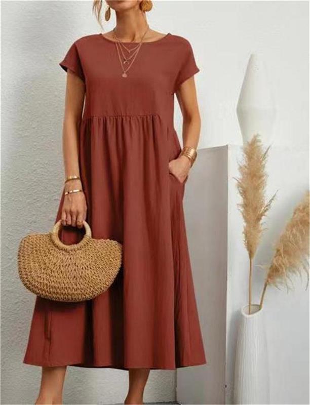 👗 60% RABATT NU! 🌸 Kvinnors Bomull-Linne Enfärgad Klänning med Fickor – Andningsbar, Smickrande Midja & Lättvikt – Perfekt För Vår & Sommar ☀️