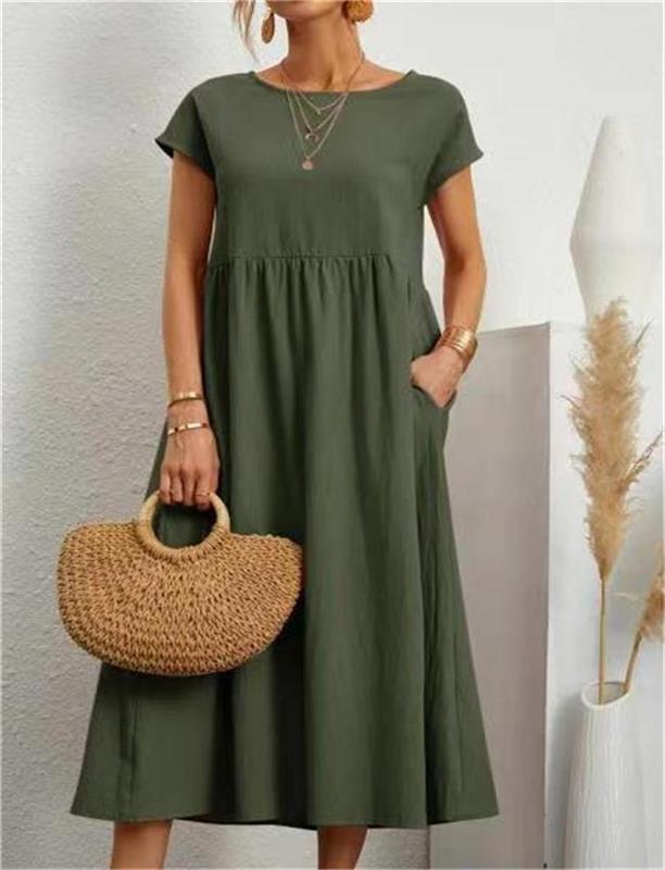👗 60% RABATT NU! 🌸 Kvinnors Bomull-Linne Enfärgad Klänning med Fickor – Andningsbar, Smickrande Midja & Lättvikt – Perfekt För Vår & Sommar ☀️