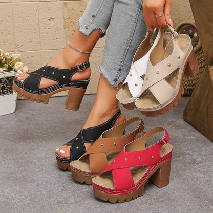 👡 50% RABATT NU!✨ Dam Chunky Heel Platform Sandaler – Justerbar Ankelrem & Nitade Korsband – Stiliga Sommarskor 🔥