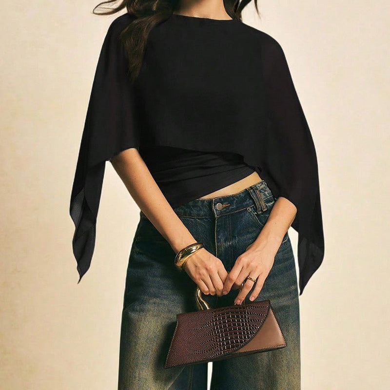 👚 50% RABATT NU! 🦋 Damernas Eleganta Chiffongtopp med Kapärmar – Asymmetrisk & Rynkad Midja ✨