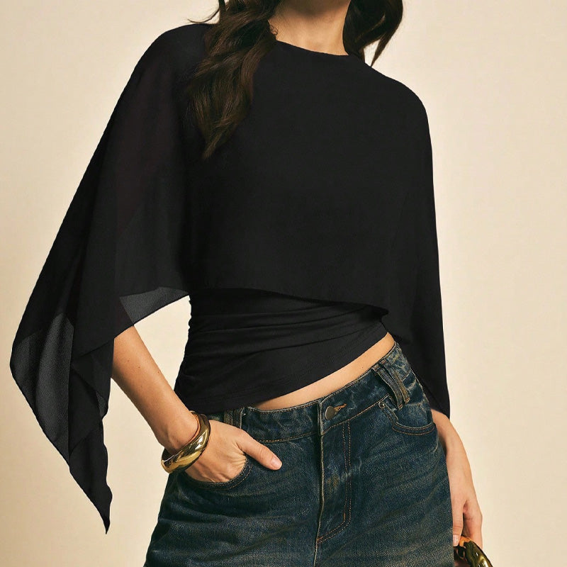 👚 50% RABATT NU! 🦋 Damernas Eleganta Chiffongtopp med Kapärmar – Asymmetrisk & Rynkad Midja ✨