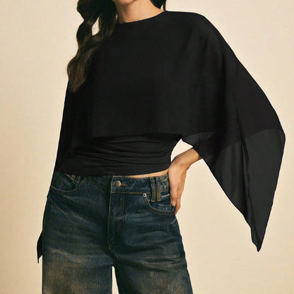 👚 50% RABATT NU! 🦋 Damernas Eleganta Chiffongtopp med Kapärmar – Asymmetrisk & Rynkad Midja ✨