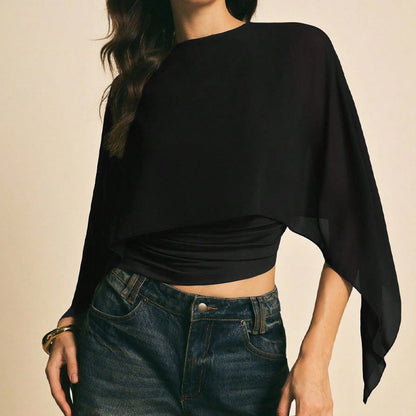 👚 50% RABATT NU! 🦋 Damernas Eleganta Chiffongtopp med Kapärmar – Asymmetrisk & Rynkad Midja ✨