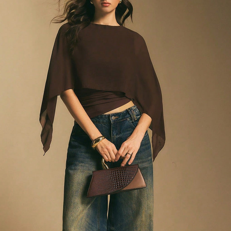 👚 50% RABATT NU! 🦋 Damernas Eleganta Chiffongtopp med Kapärmar – Asymmetrisk & Rynkad Midja ✨