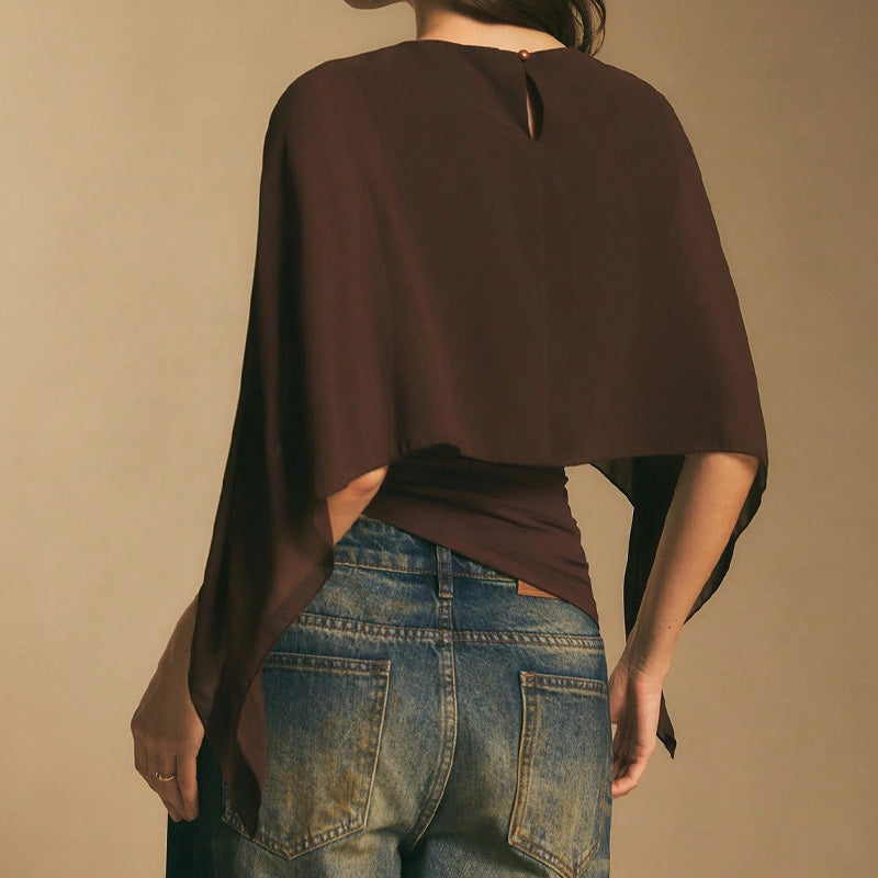 👚 50% RABATT NU! 🦋 Damernas Eleganta Chiffongtopp med Kapärmar – Asymmetrisk & Rynkad Midja ✨
