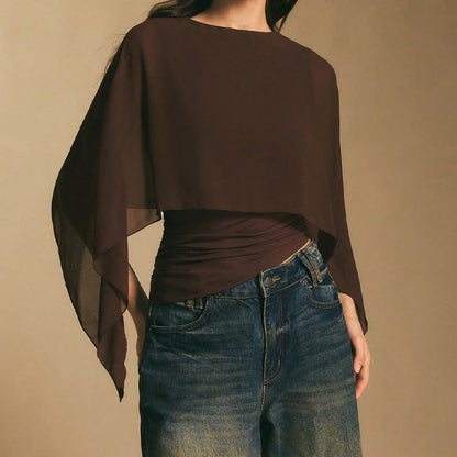 👚 50% RABATT NU! 🦋 Damernas Eleganta Chiffongtopp med Kapärmar – Asymmetrisk & Rynkad Midja ✨
