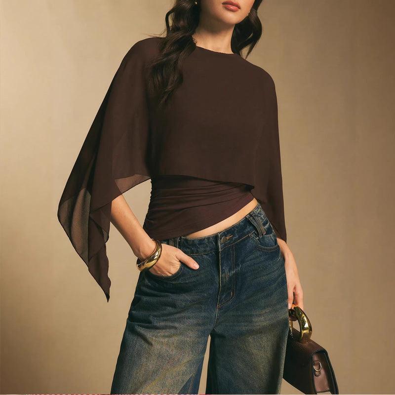 👚 50% RABATT NU! 🦋 Damernas Eleganta Chiffongtopp med Kapärmar – Asymmetrisk & Rynkad Midja ✨