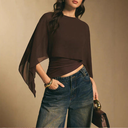 👚 50% RABATT NU! 🦋 Damernas Eleganta Chiffongtopp med Kapärmar – Asymmetrisk & Rynkad Midja ✨