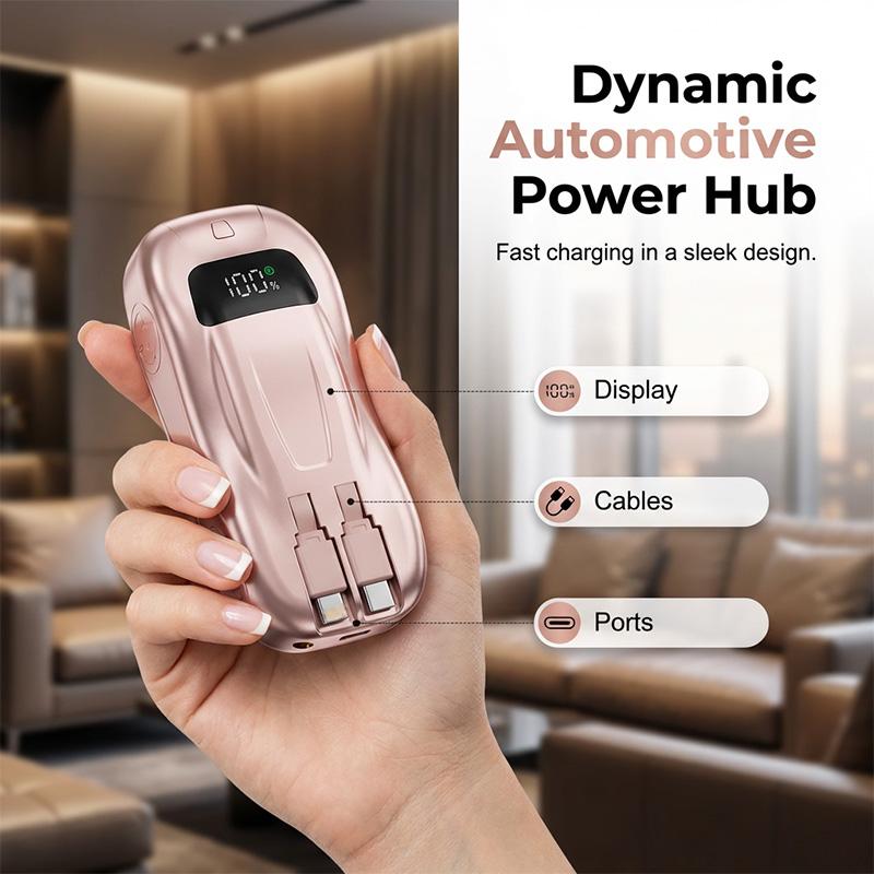 Powerbank med sportbilsdesign och två kablar