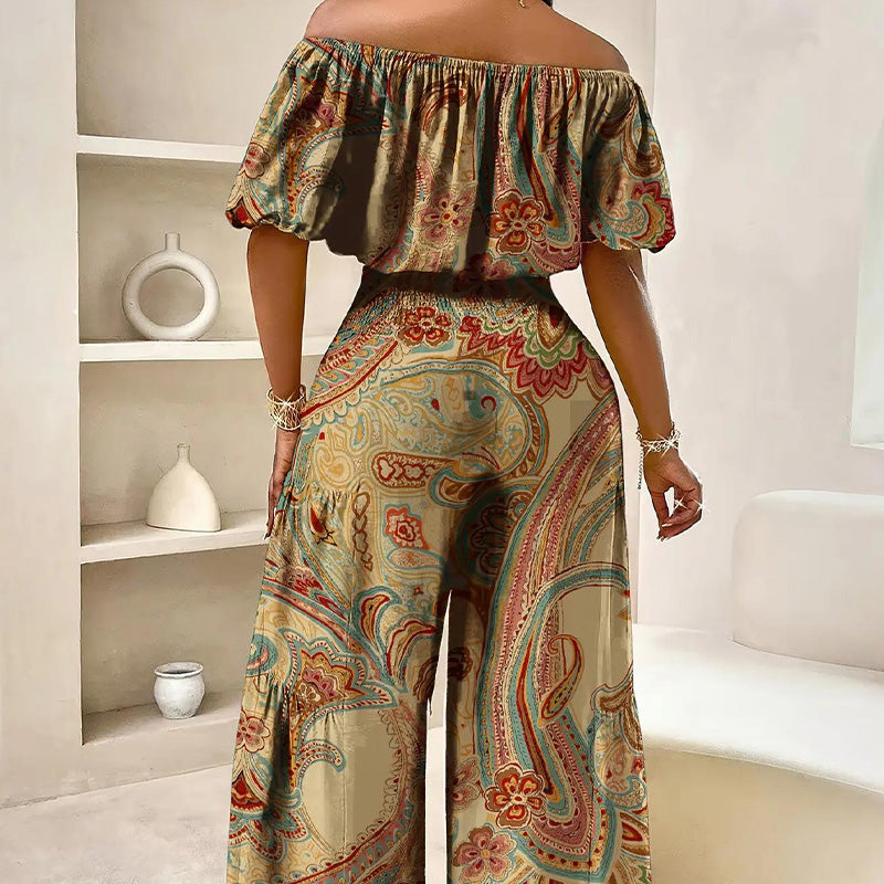 Off shoulder tvådelat set – tryckt topp med puffärmar & högmidjade vida byxor 👗🌸