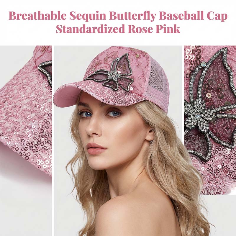 Baseballkeps med fjärilsmotiv i strass och paljetter
