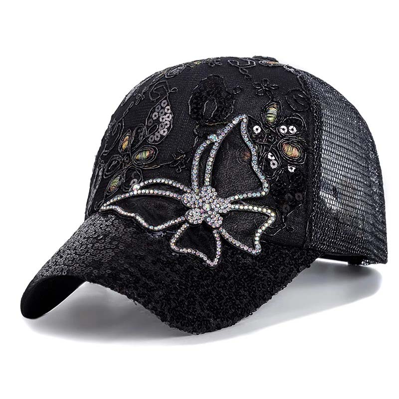 Baseballkeps med fjärilsmotiv i strass och paljetter