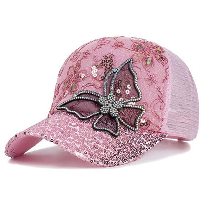 Baseballkeps med fjärilsmotiv i strass och paljetter