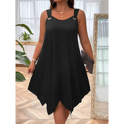 👚 50% RABATT NU!🌿Ärmlös Damklänning med Asymmetrisk Fåll