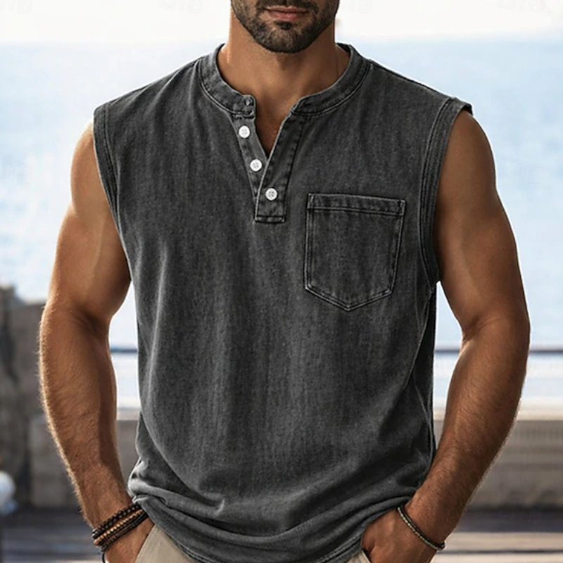 👕 50% RABATT NU! ✨ Retro Style Sleeveless T-Shirt with Three Buttons – Vintage Washed & Klassisk Henleykrage – Perfekt för Sommar & Ledig Stil ☀️