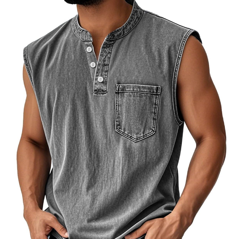 👕 50% RABATT NU! ✨ Retro Style Sleeveless T-Shirt with Three Buttons – Vintage Washed & Klassisk Henleykrage – Perfekt för Sommar & Ledig Stil ☀️
