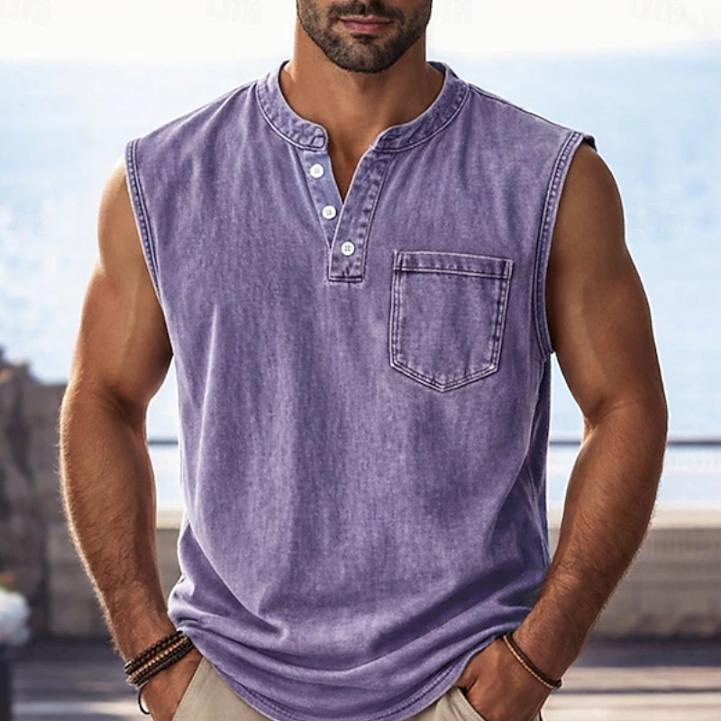 👕 50% RABATT NU! ✨ Retro Style Sleeveless T-Shirt with Three Buttons – Vintage Washed & Klassisk Henleykrage – Perfekt för Sommar & Ledig Stil ☀️
