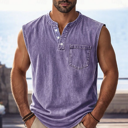 👕 50% RABATT NU! ✨ Retro Style Sleeveless T-Shirt with Three Buttons – Vintage Washed & Klassisk Henleykrage – Perfekt för Sommar & Ledig Stil ☀️