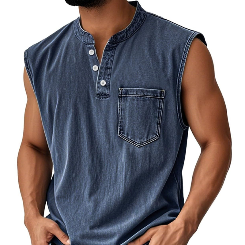 👕 50% RABATT NU! ✨ Retro Style Sleeveless T-Shirt with Three Buttons – Vintage Washed & Klassisk Henleykrage – Perfekt för Sommar & Ledig Stil ☀️
