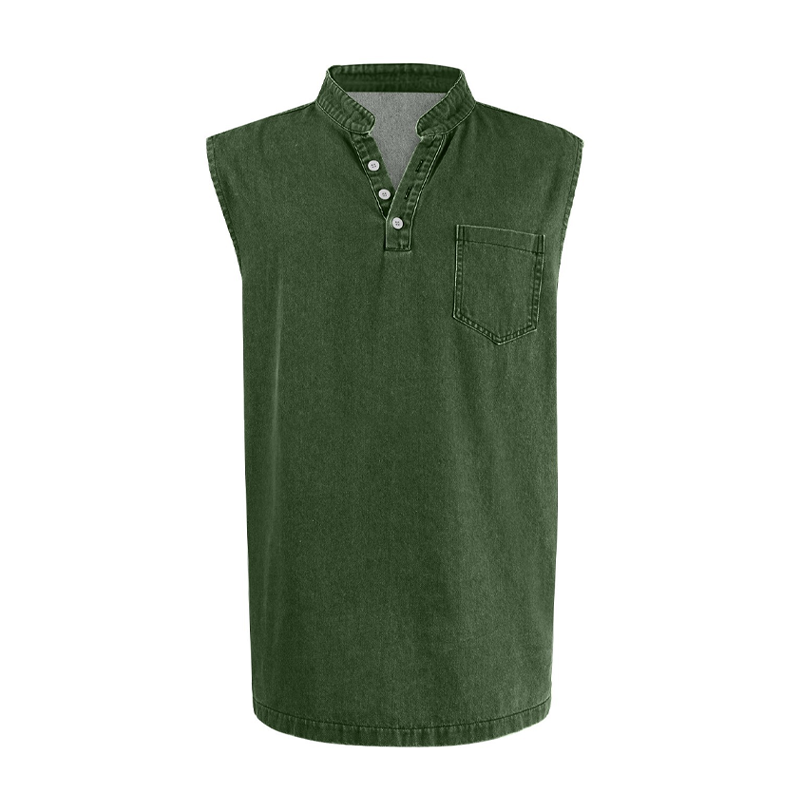 👕 50% RABATT NU! ✨ Retro Style Sleeveless T-Shirt with Three Buttons – Vintage Washed & Klassisk Henleykrage – Perfekt för Sommar & Ledig Stil ☀️