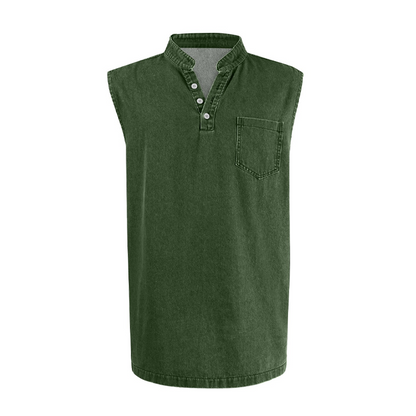 👕 50% RABATT NU! ✨ Retro Style Sleeveless T-Shirt with Three Buttons – Vintage Washed & Klassisk Henleykrage – Perfekt för Sommar & Ledig Stil ☀️