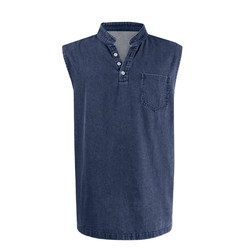👕 50% RABATT NU! ✨ Retro Style Sleeveless T-Shirt with Three Buttons – Vintage Washed & Klassisk Henleykrage – Perfekt för Sommar & Ledig Stil ☀️