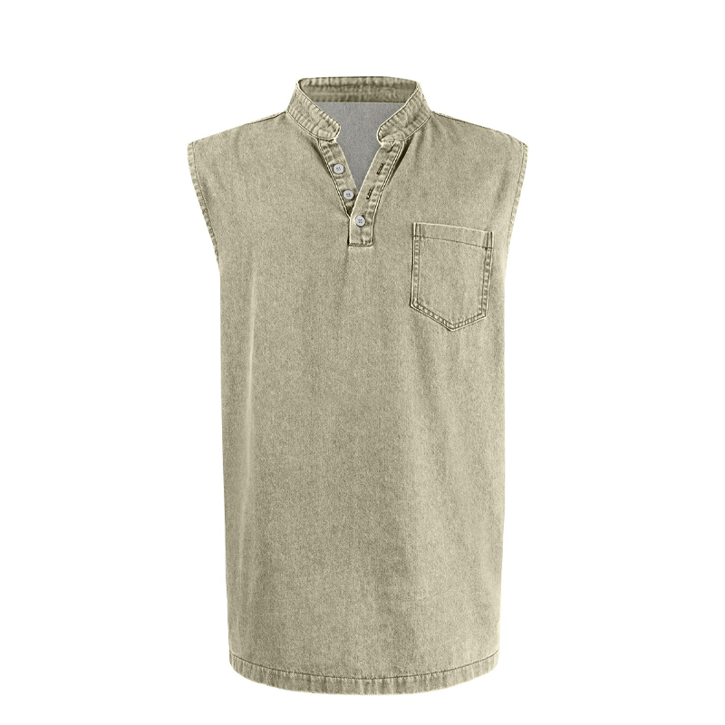 👕 50% RABATT NU! ✨ Retro Style Sleeveless T-Shirt with Three Buttons – Vintage Washed & Klassisk Henleykrage – Perfekt för Sommar & Ledig Stil ☀️